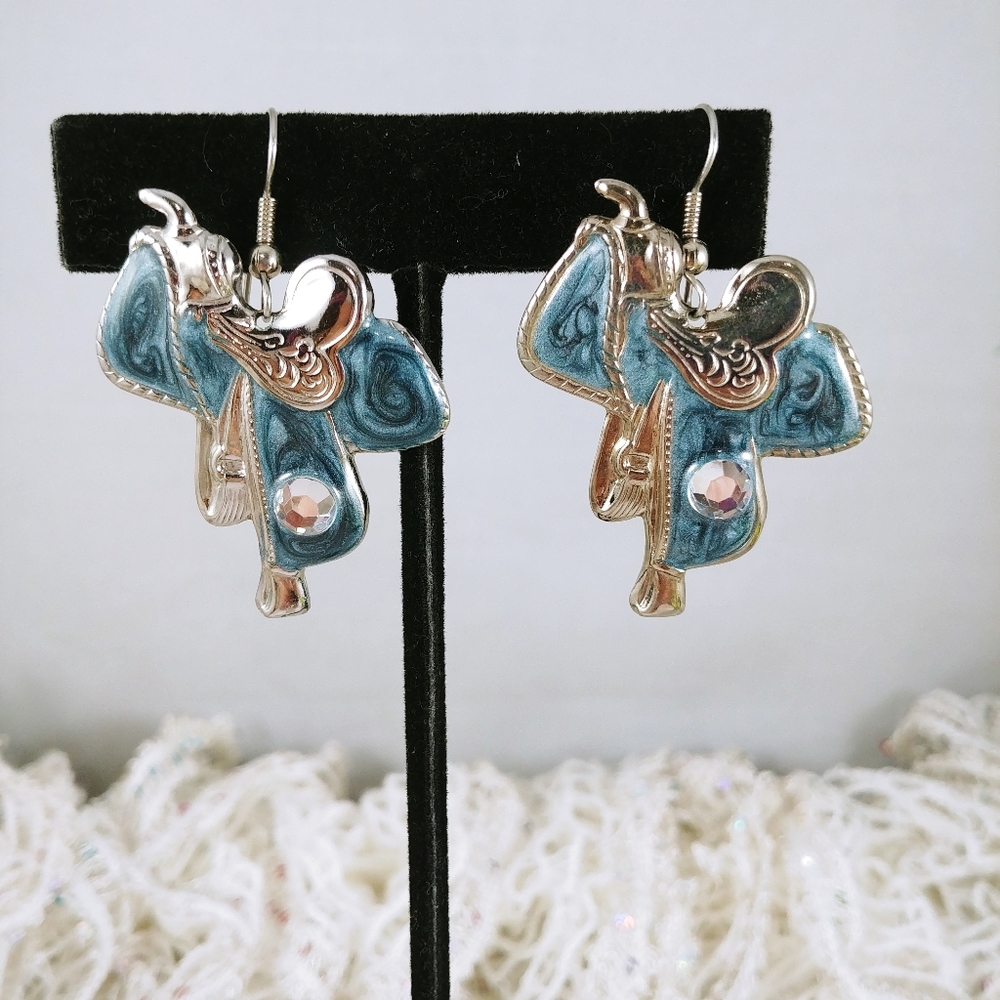 Horse Saddle Earrings Blue Enamel with Rhinestone